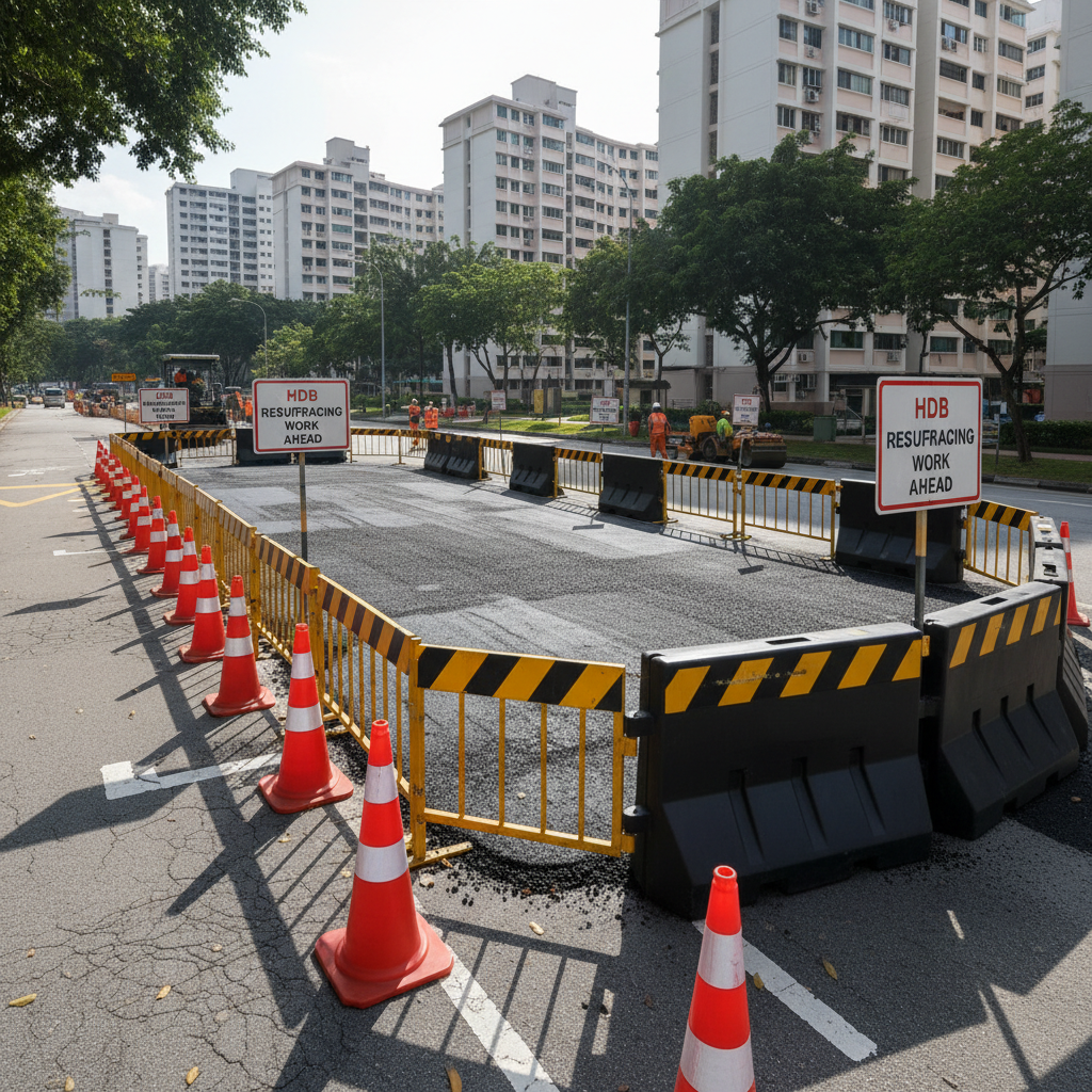 Traffic management setup with cones and barriers for HDB resurfacing work