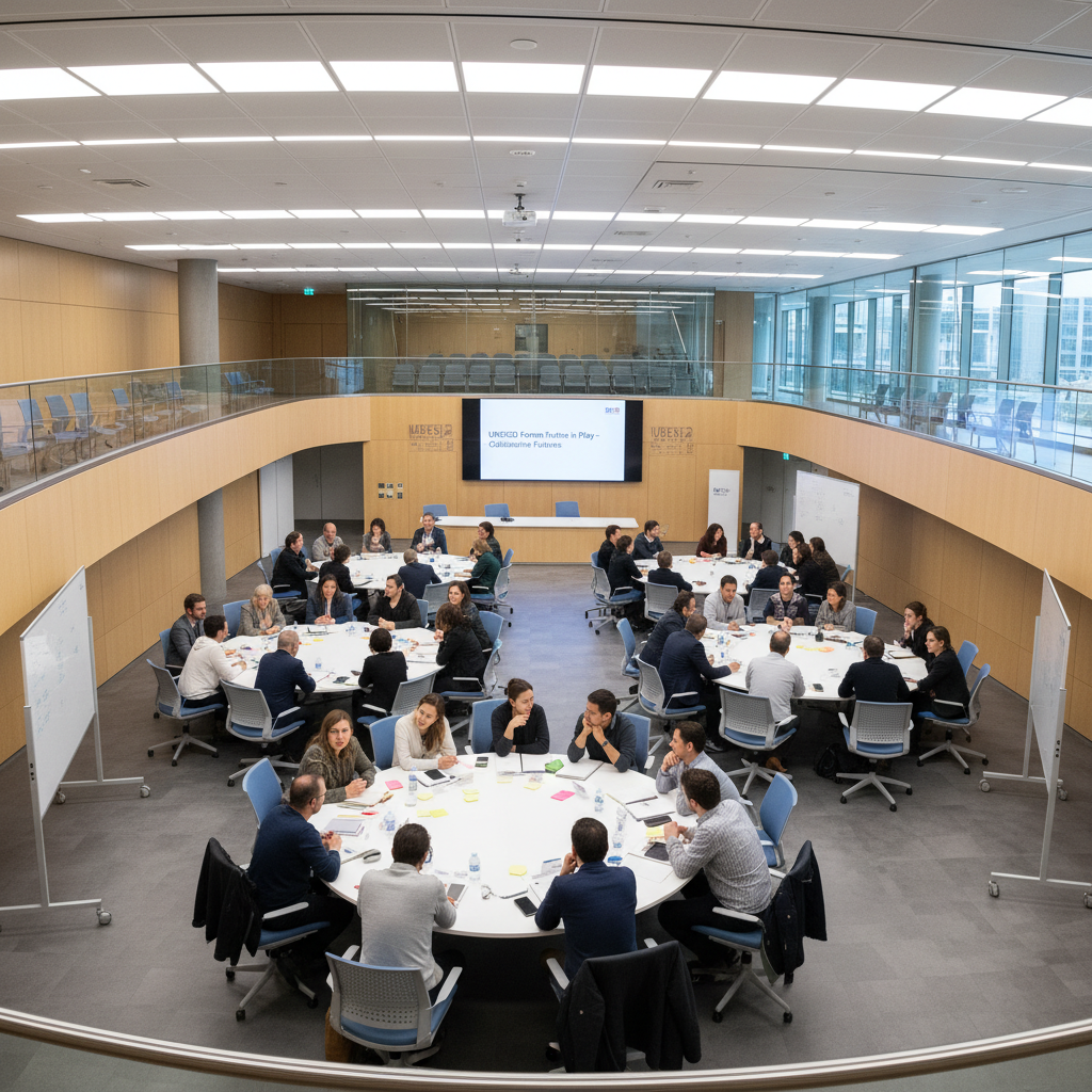 UNESCO Forum Future in Play — participantes en sesión de trabajo en auditorio moderno