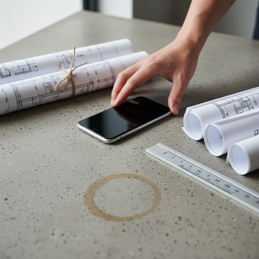 Architect's hands placing a phone on a raw concrete table next to rolled architectural drawings, a scale rule, and a coffee ring
