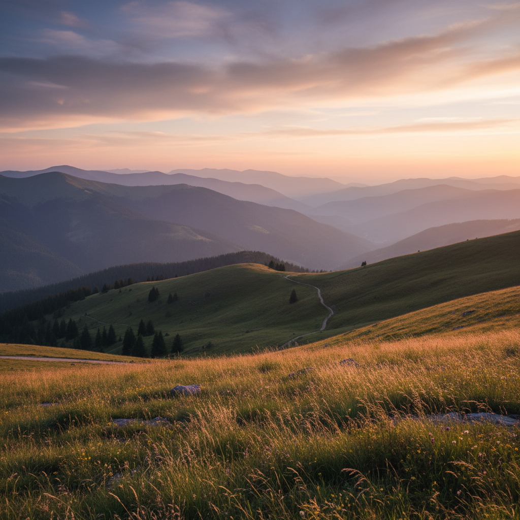 Sweeping raw mountain acreage at dusk, ridgelines layered in atmospheric haze, meadow grass catching last light