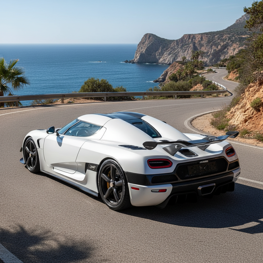 High-performance hypercar on a track representing the Koenigsegg Agera RS — the world's fastest production car at 277.9 mph