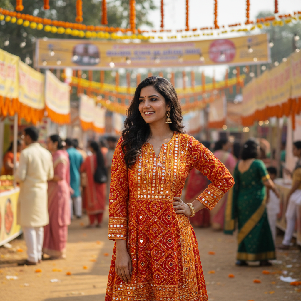 Modern Indian woman in terracotta kurti with mirror work embellishment, contemporary ethnic fashion