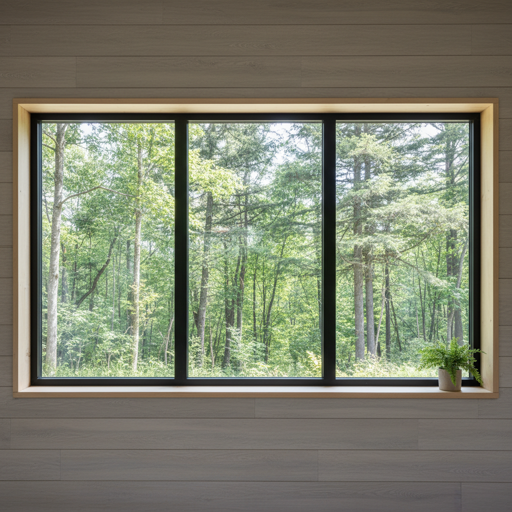Triple-pane window installed in modular home with architectural sightlines to wooded exterior