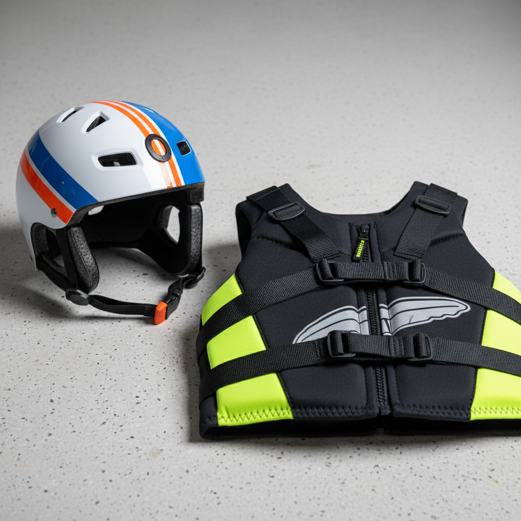 Rider di wing foil con attrezzatura di sicurezza completa sul Lago di Bracciano in una giornata invernale