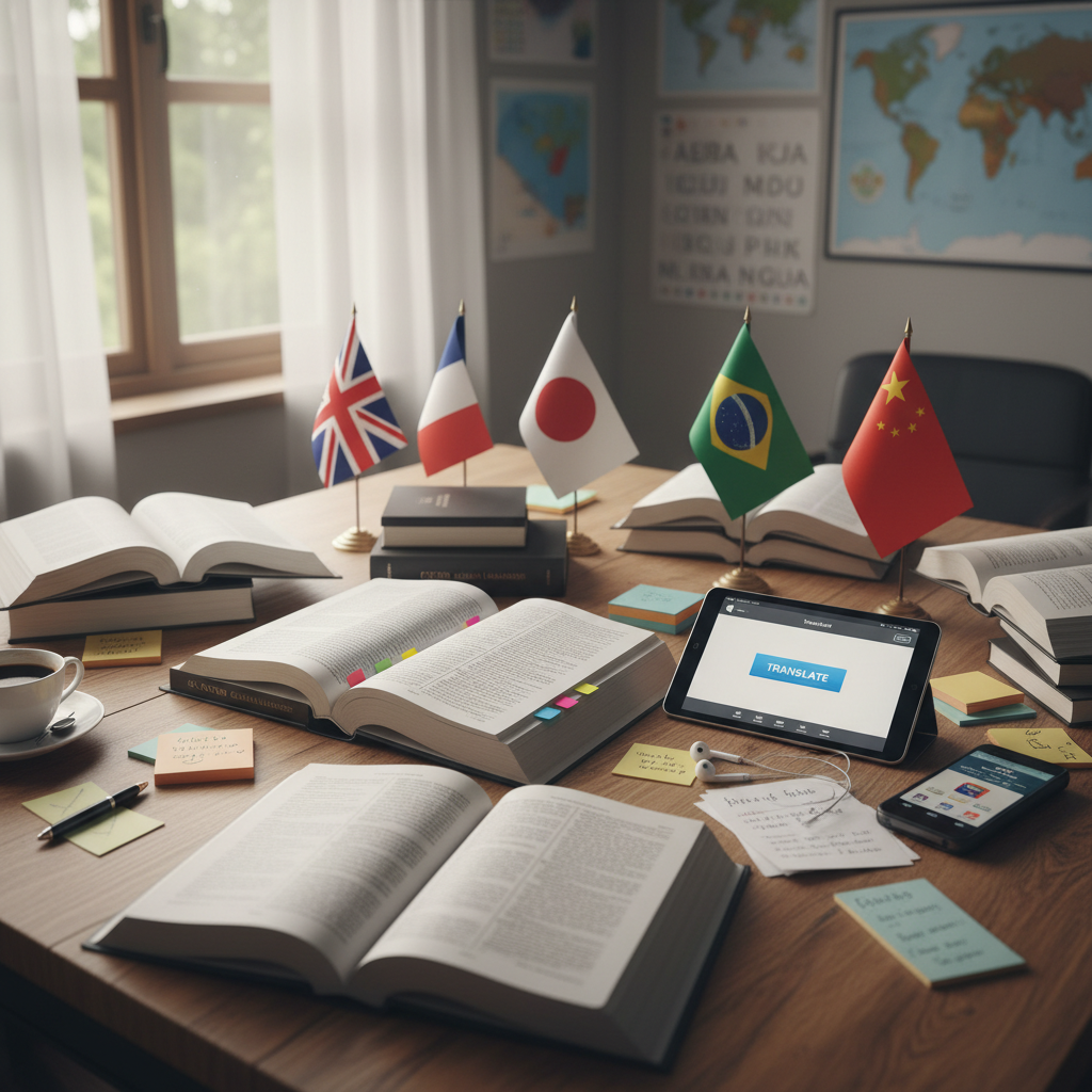 Multilingual books and translation documents spread across wooden desk