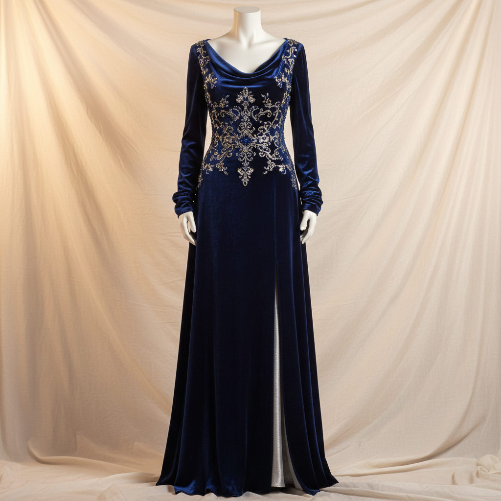 Elegant midnight blue velvet floor-length gown with delicate floral embroidery on a model, dark studio backdrop