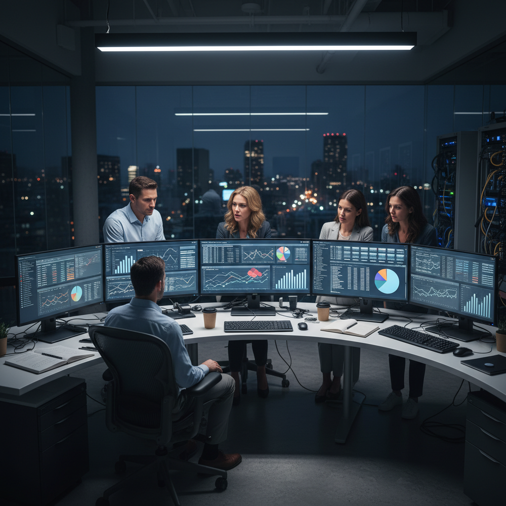 Modern ofis ortamında çalışan girişimci ekibi şirket değerlemesi üzerinde çalışıyor