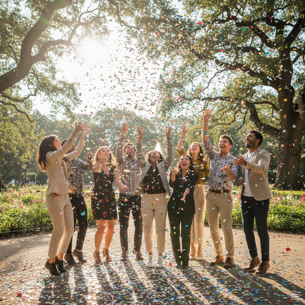Friends at a party with confetti, bright colorful background, celebratory mood