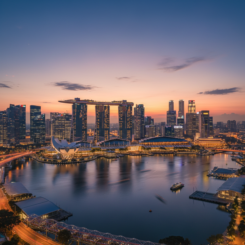 Singapore skyline at dusk with Marina Bay Sands, deep twilight sky, dim city lights, dark water reflection, atmospheric evening scene