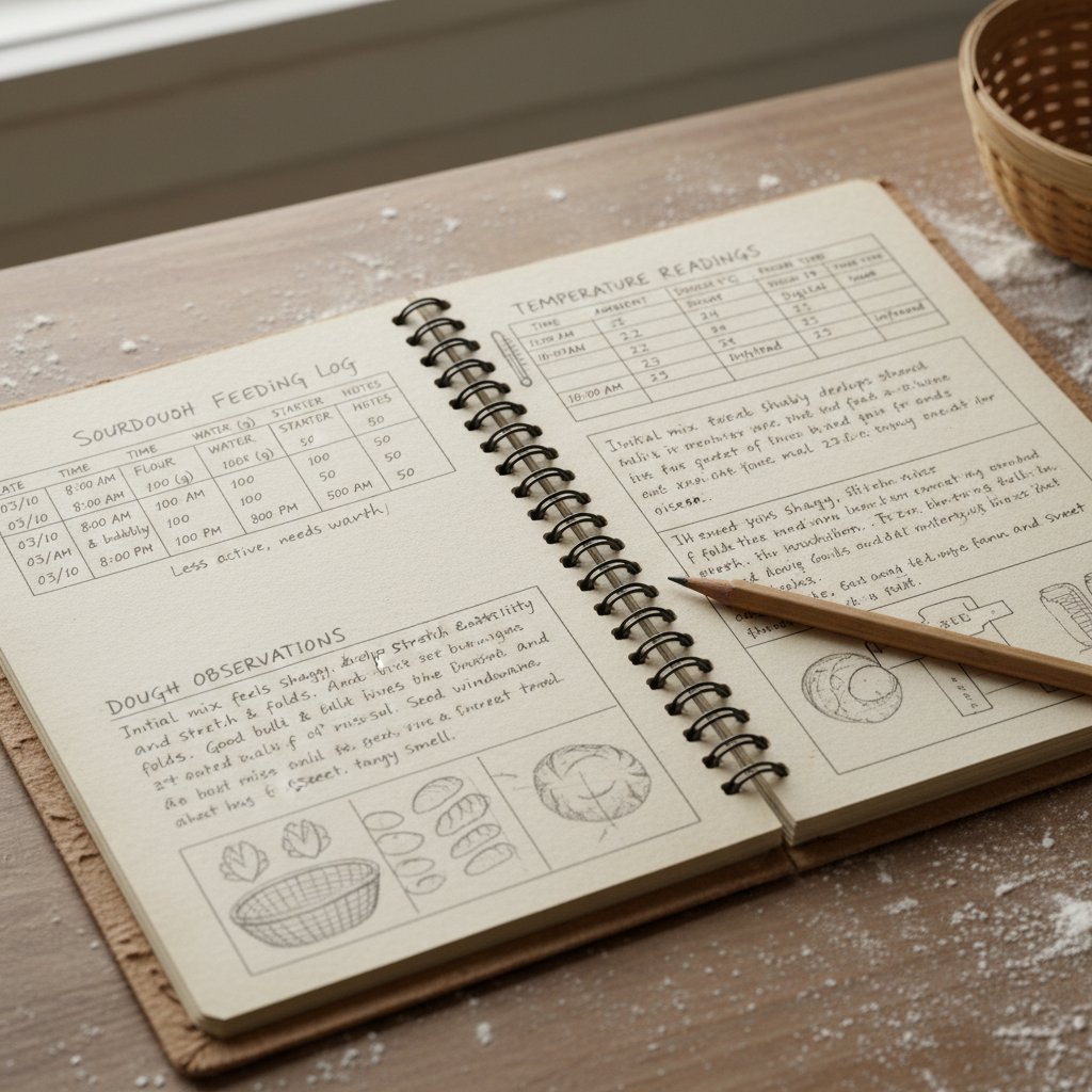 Handwritten baker's notebook with feeding log times, temperature readings, and dough observations in careful pencil script