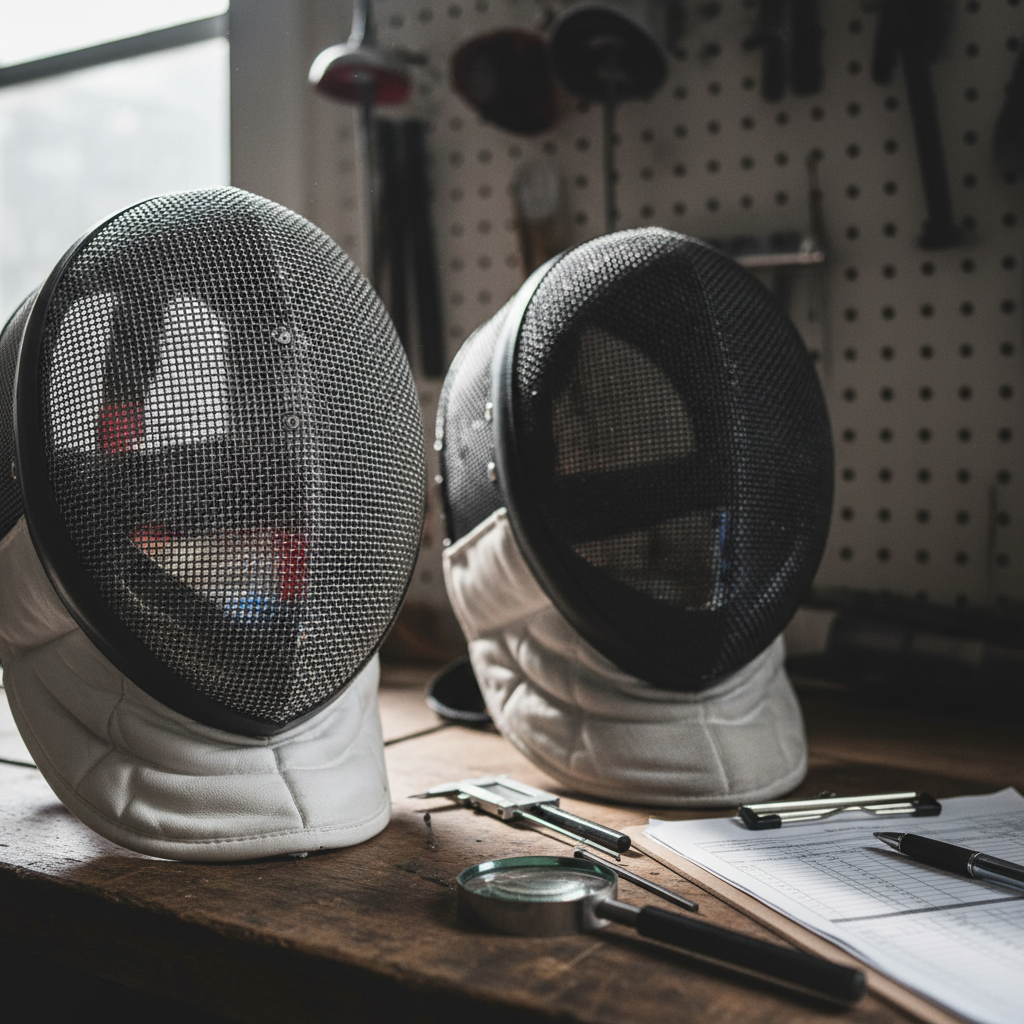 Two fencing masks side by side on a workbench for comparison review