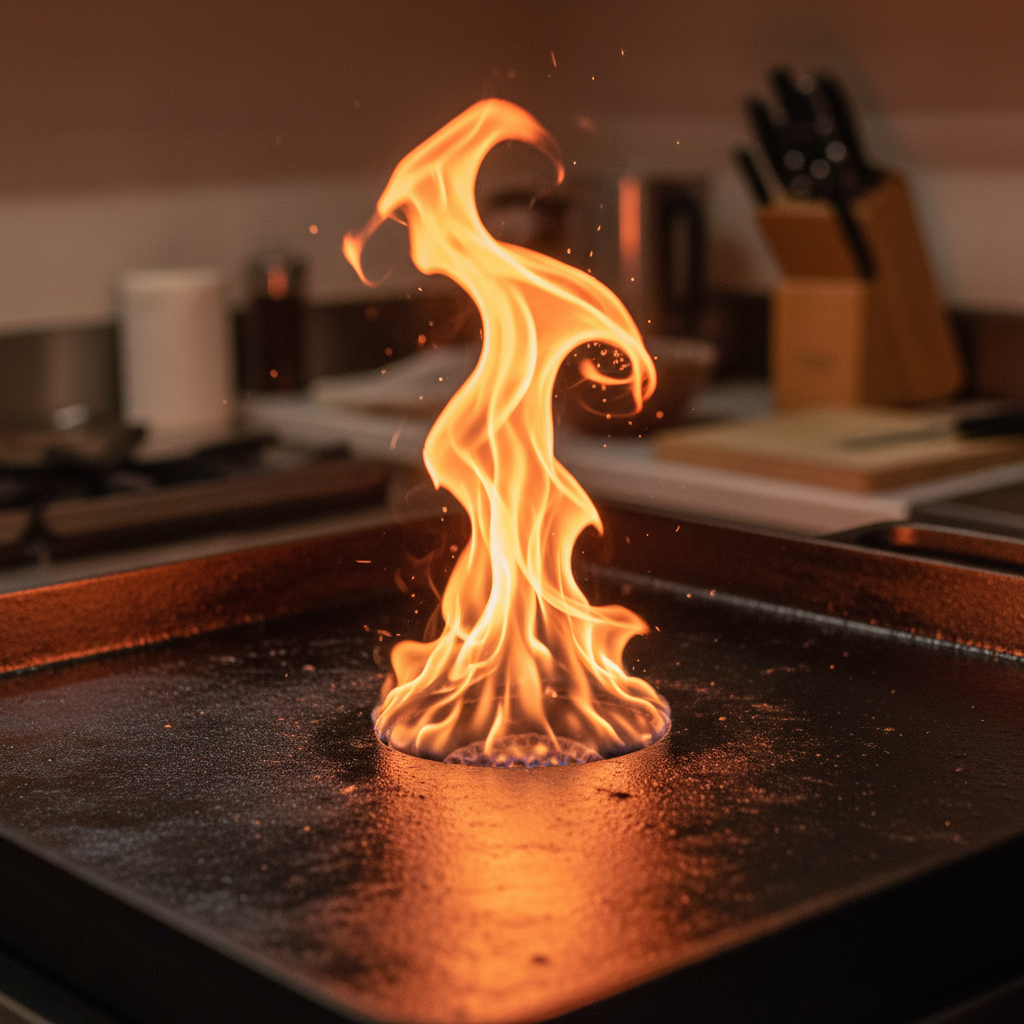 Close-up of flames licking cast iron grill grate in restaurant kitchen, deep orange amber fire, dark background, intense heat