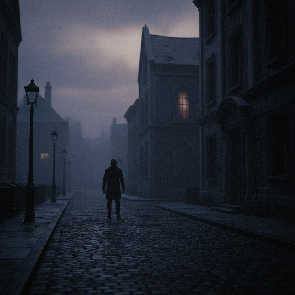 Empty street corner at dusk, single figure walking away, long shadows, atmospheric fog