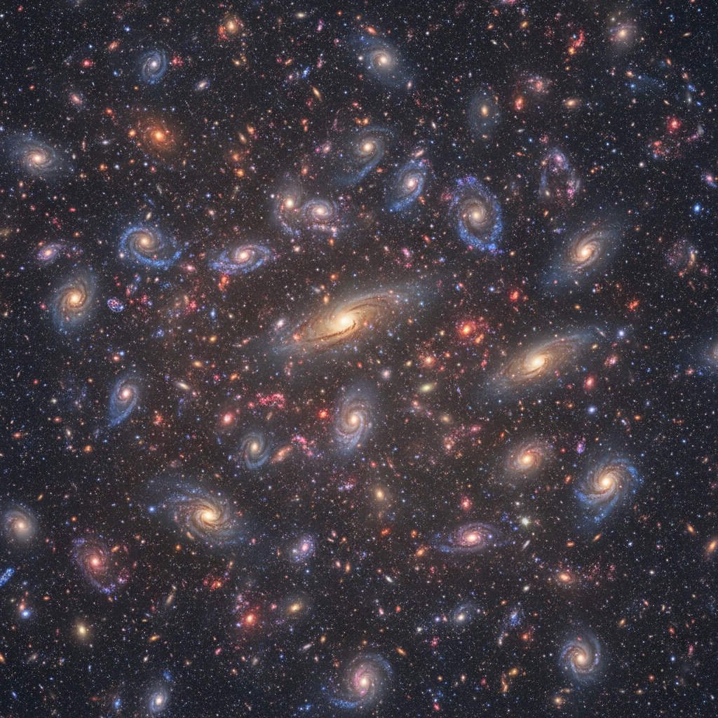 Deep space galaxy field from Hubble Space Telescope, dark starfield with colorful distant galaxies, dim atmospheric deep-space environment