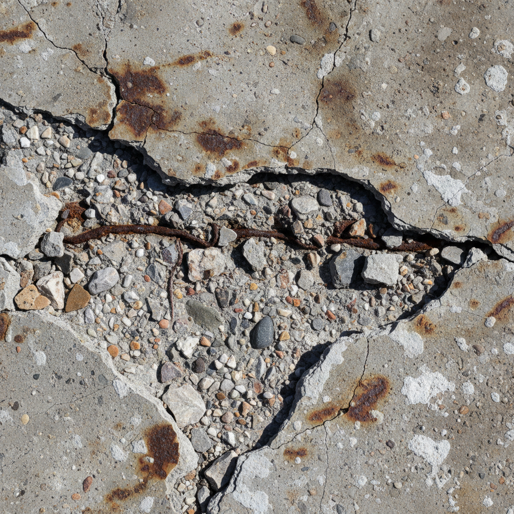 Close-up of concrete surface showing spalling and delamination with exposed aggregate and rust staining