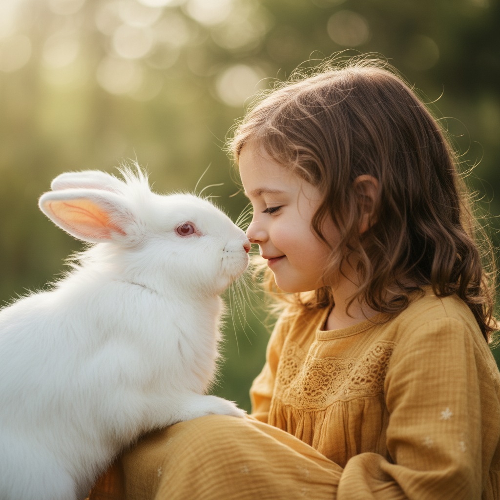 Young girl in yellow dress nose-to-nose with a fluffy white rabbit