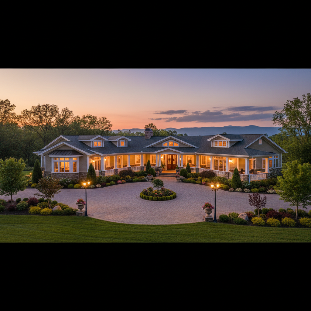 Large estate-style modular home with wraparound porch and landscaped grounds at dusk