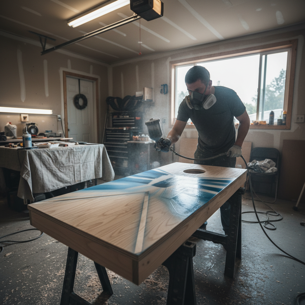 Custom cornhole board being spray-painted in a garage workshop