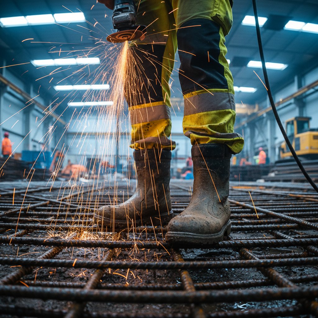 Steel-toed safety boots planted on wet rebar at an active construction site, sparks from overhead grinder sheeting down, high-vis trousers cropped at the calf, industrial chaos in background bokeh