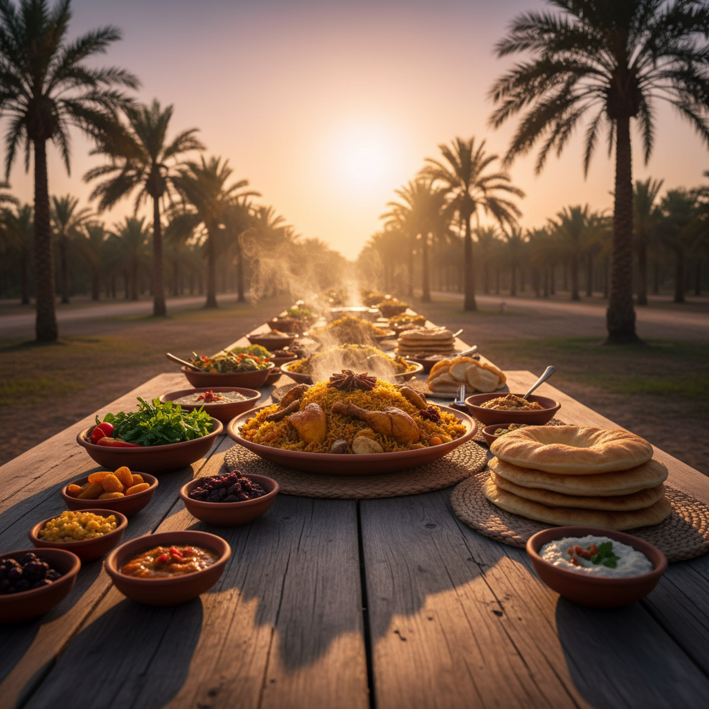 Long wooden farm table set at golden hour with platters of Qatari dishes, date palms soft-focused in background, steam rising from machboos and fresh khubz bread
