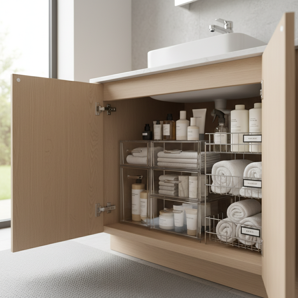 Kavya's organised under-sink bathroom storage in Pune studio