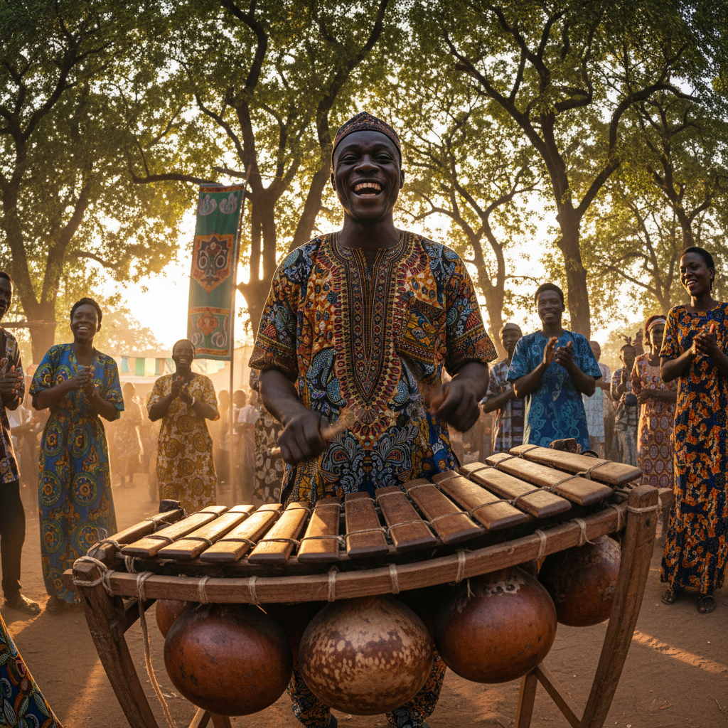 Emmanuel smiling broadly while playing balafon at a community ceremony