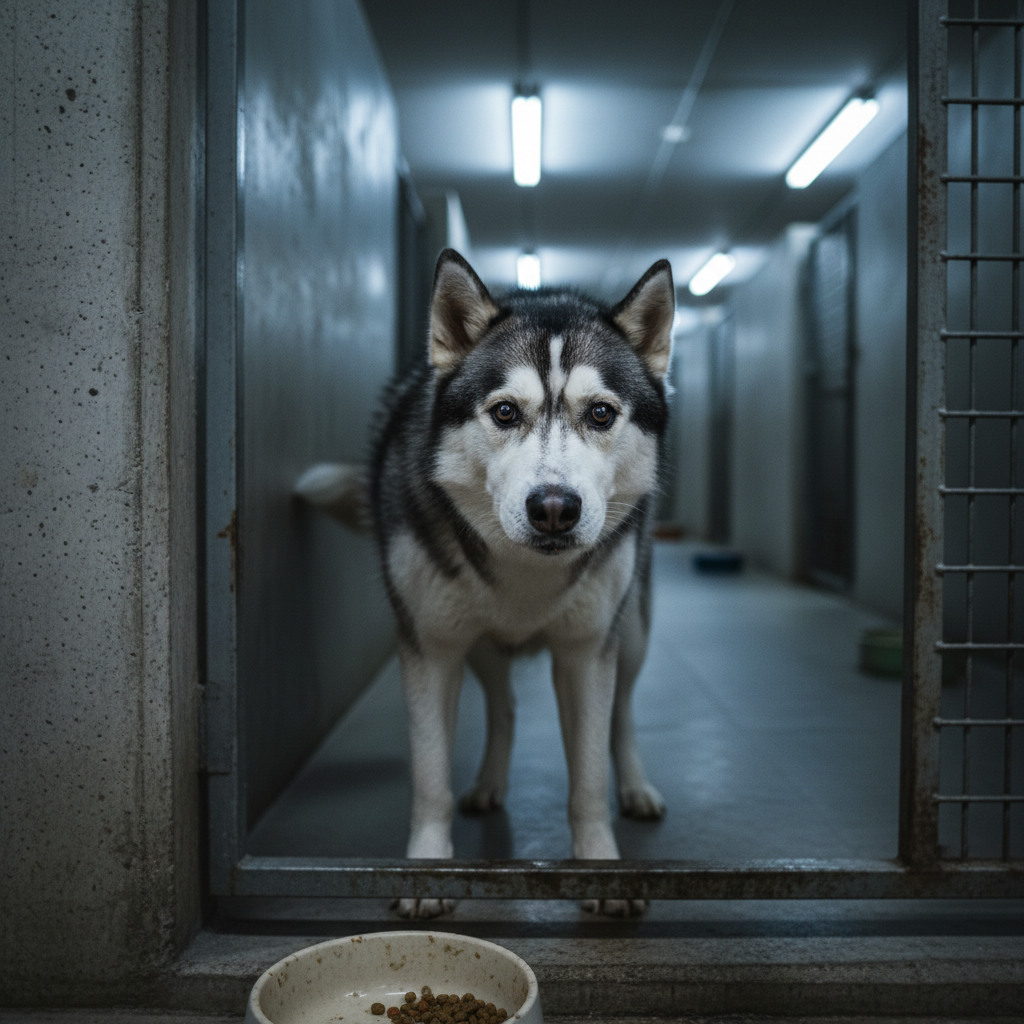 Husky in shelter kennel, looking anxious under fluorescent lighting