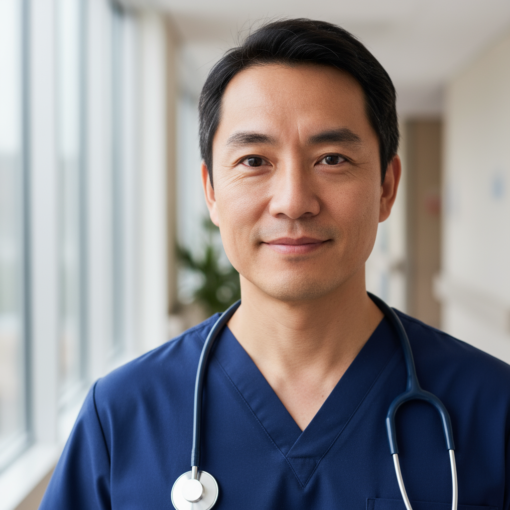 Professional portrait of Asian male veterinary specialist in blue scrubs with stethoscope