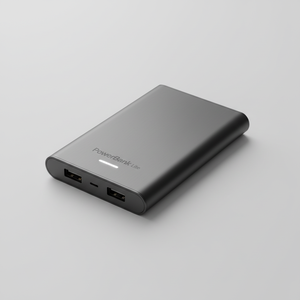 Portable power bank charger, slim black design on dark surface, tech accessory
