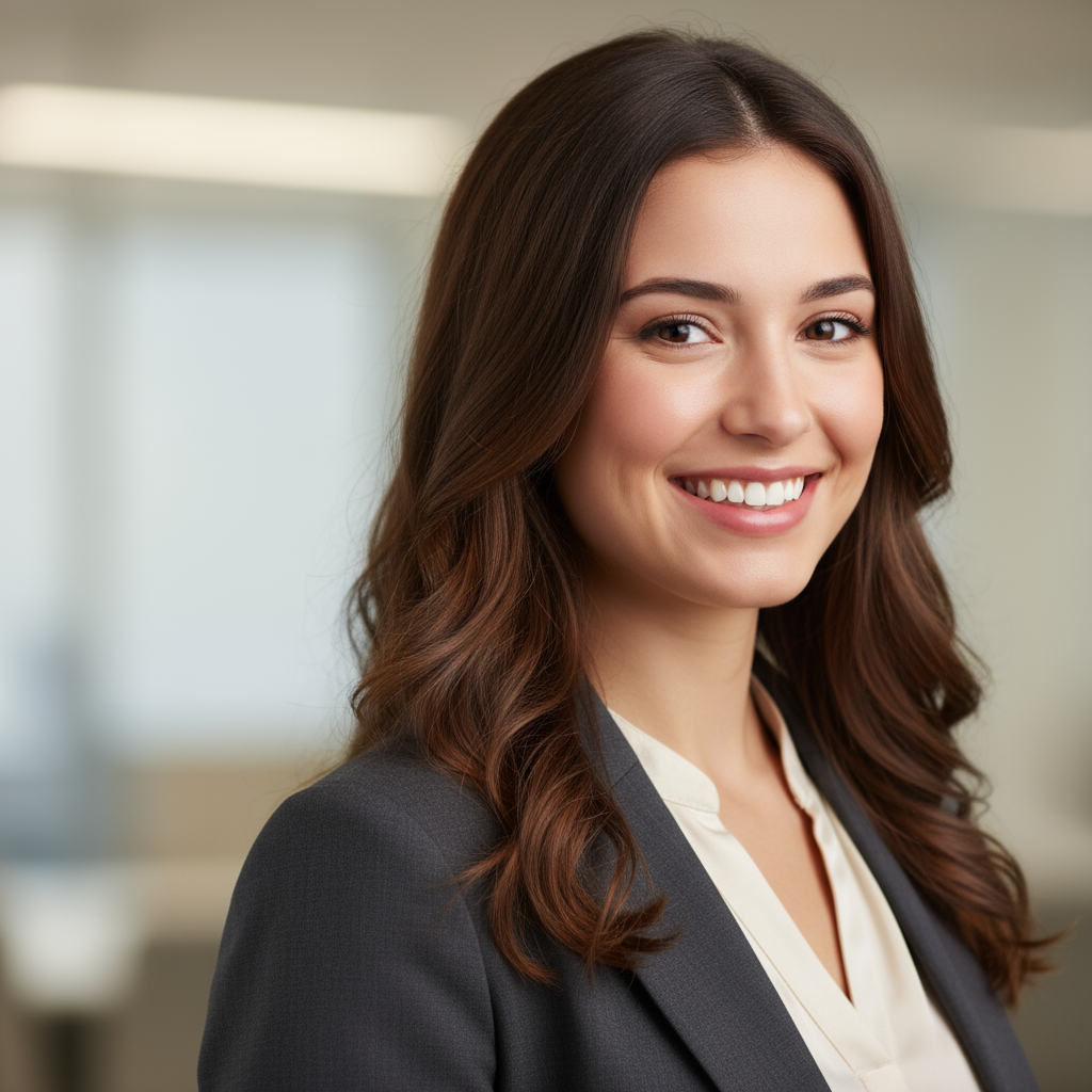 Professional headshot of young woman with brown hair in white blazer smiling at camera