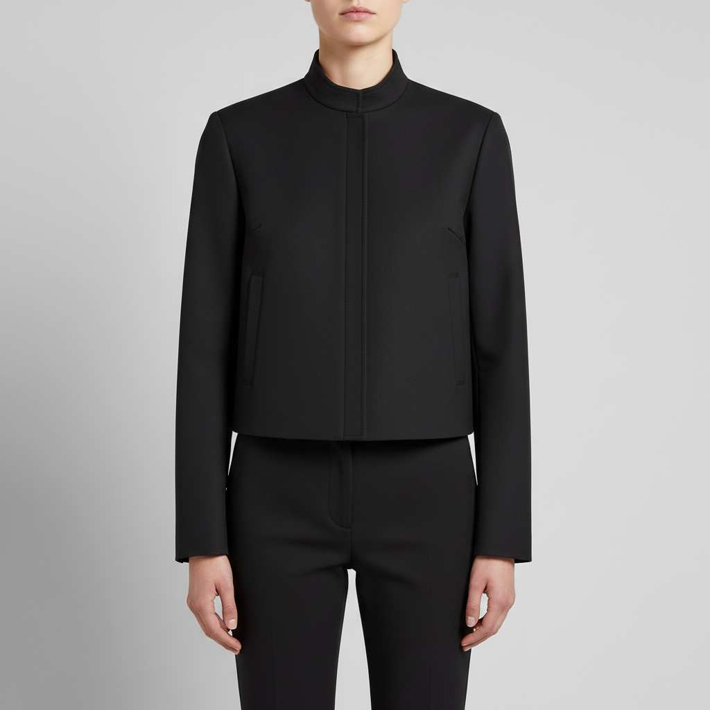 Modern cropped bomber jacket with mandarin collar in black technical fabric on a model