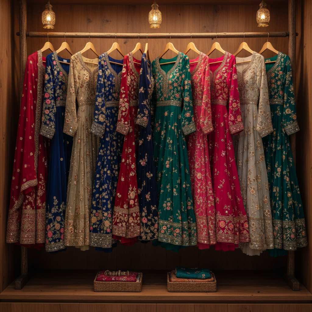 Traditional Indian ethnic wear boutique with colorful salwar suits and dupatta sets on display, bright studio lighting