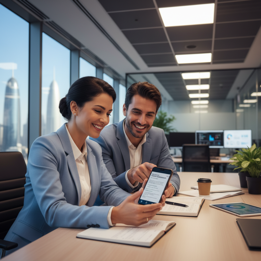 Professional team member reviewing requirements on phone in bright modern Doha office, positive interaction, well-lit corporate setting