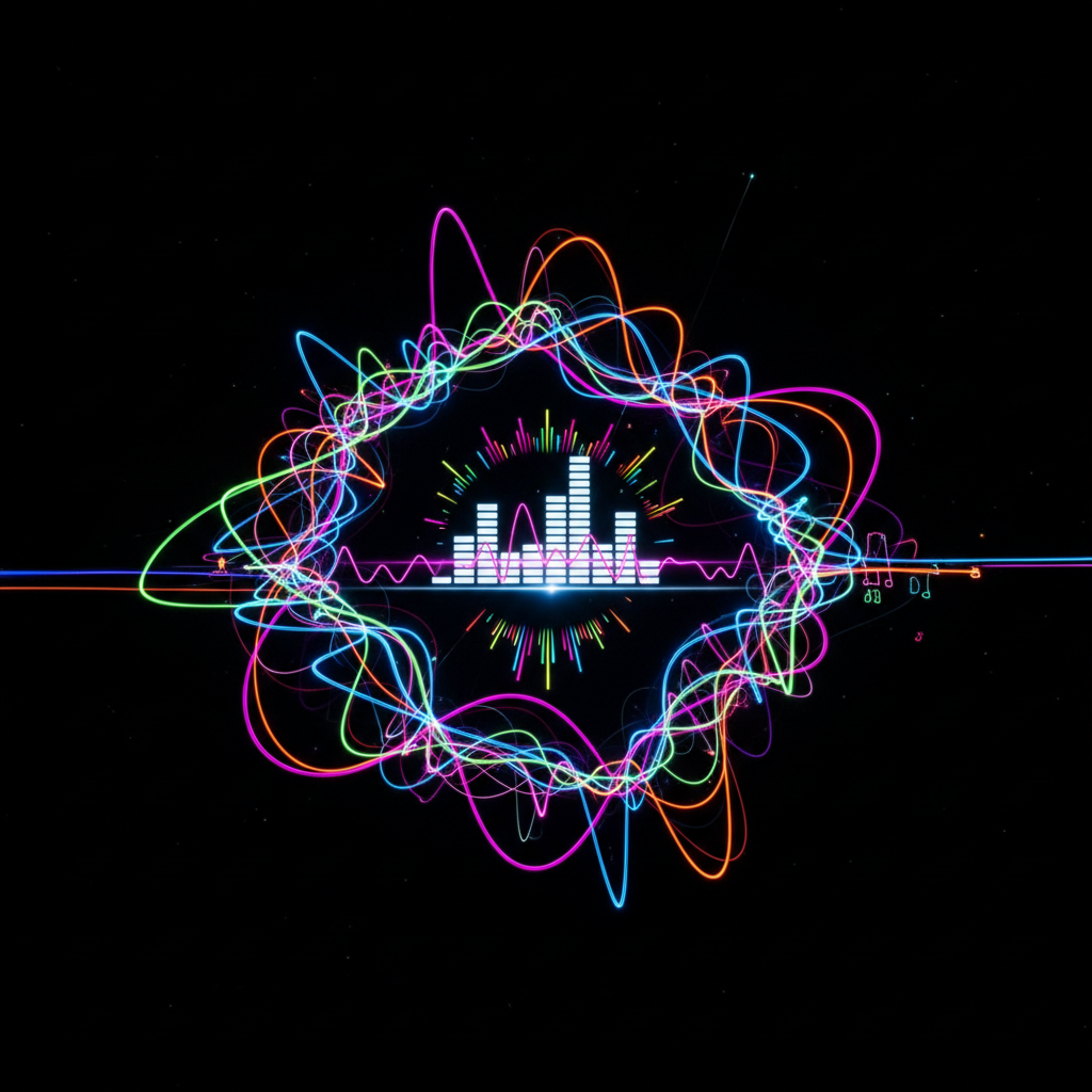 Abstract neon light trails on dark background representing electronic music