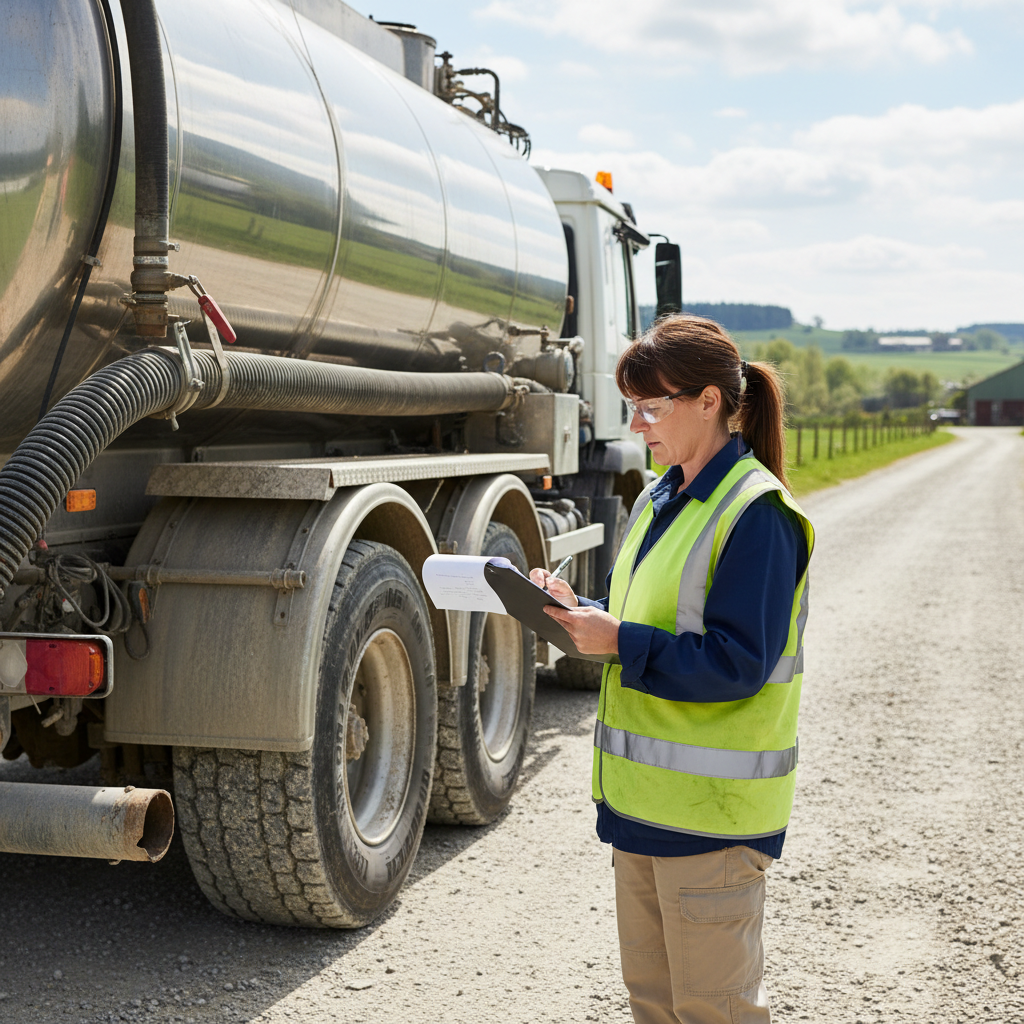 Thandi Nkosi standing beside a Drain tanker truck on a gravel farm road, reviewing compliance documents on a clipboard, wearing high-visibility vest