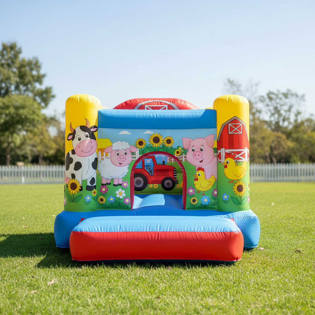 Small colorful farm-themed inflatable bounce area with soft walls for toddlers on grass