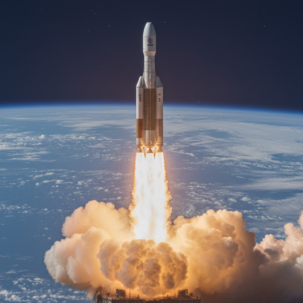 Rocket launching into space representing ISRO Chandrayaan-4 mission architecture