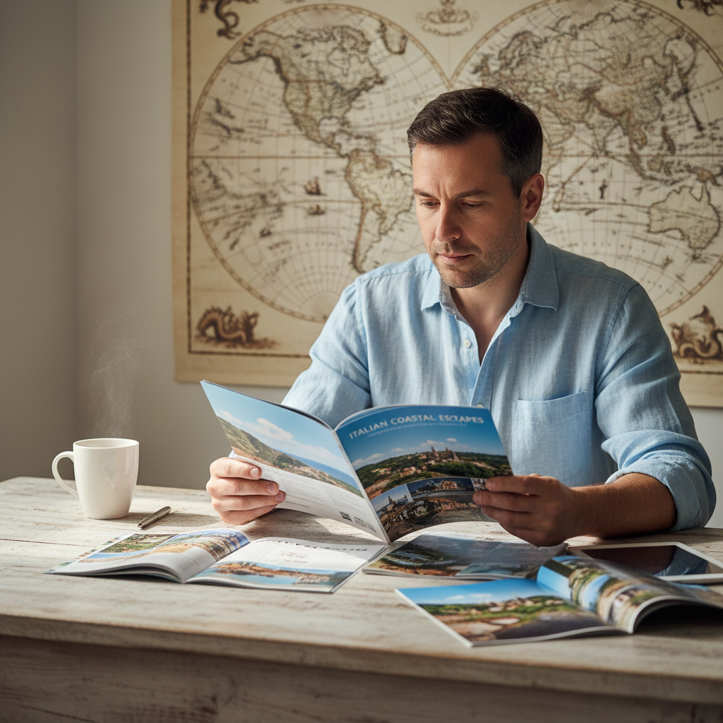Travel consultant with world map in background, dim atmospheric office lighting