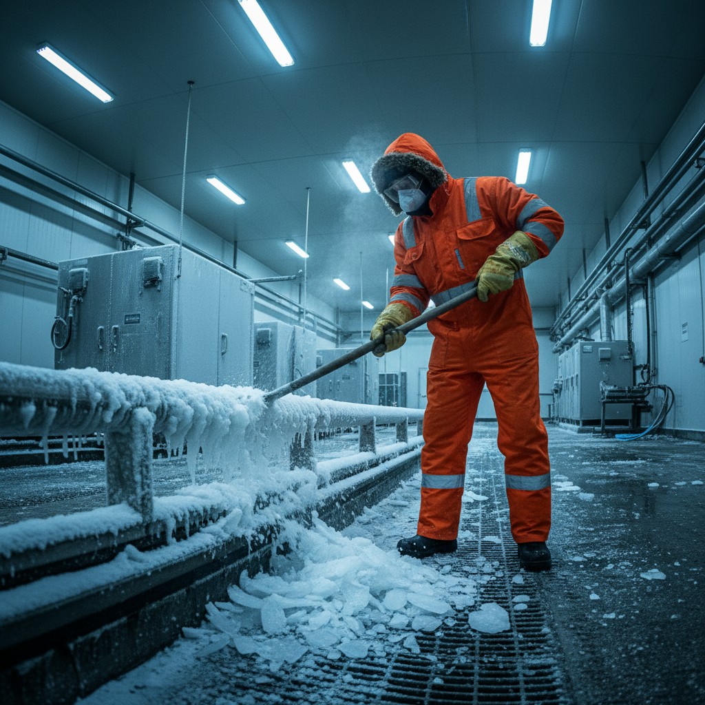 Industrial technician in full cold-weather gear scraping compacted ice off an indoor slope rail at 2 AM, breath visible under fluorescent light
