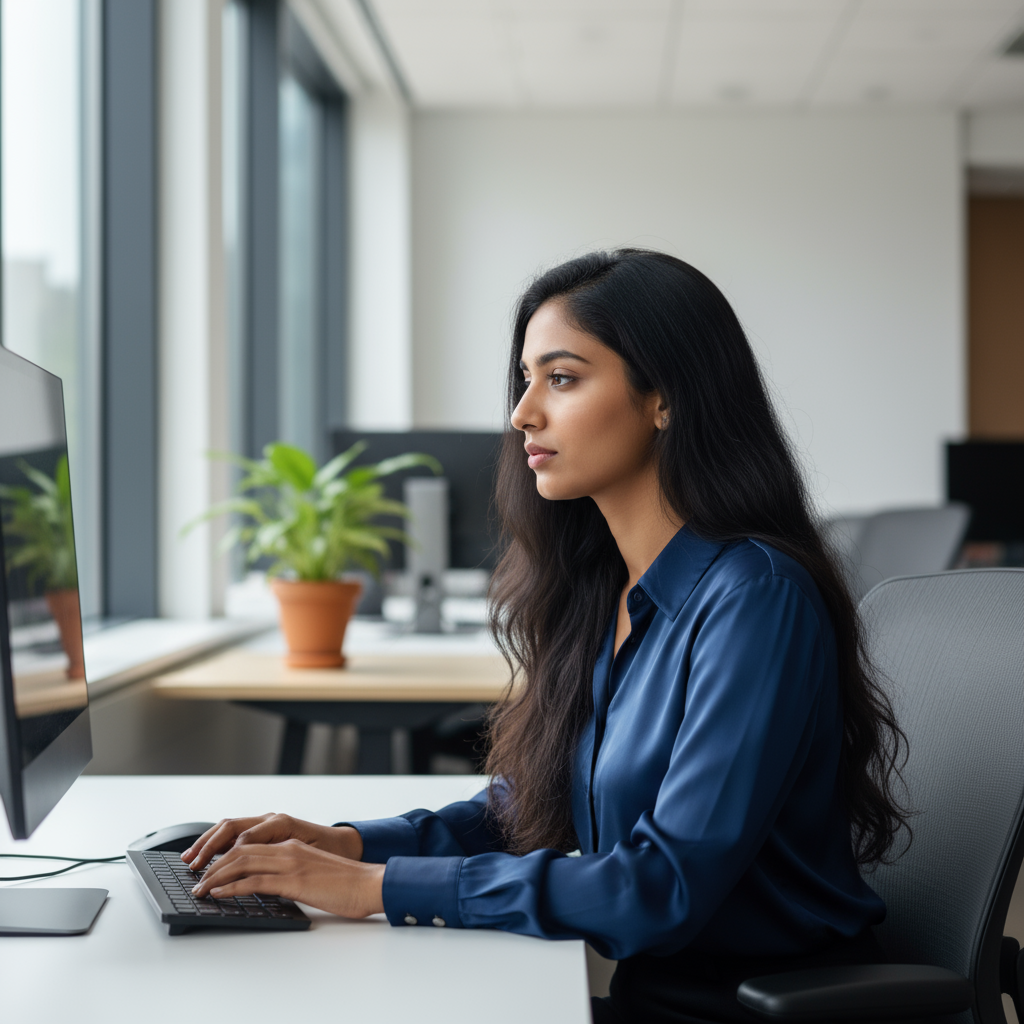 Young Indian woman with curly brown hair wearing white blouse in bright office setting