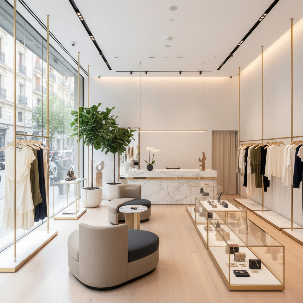 Modern fashion boutique interior with warm lighting, clothing racks, and minimal dark decor