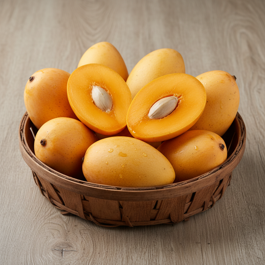 Fresh green-skinned Langda mangoes in a basket with leaves, natural daylight, lush green tones, farm setting