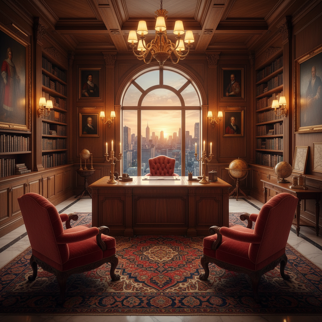 Luxurious hotel room with king bed, warm amber lighting, dark wood accents, and floor-to-ceiling city view windows at night