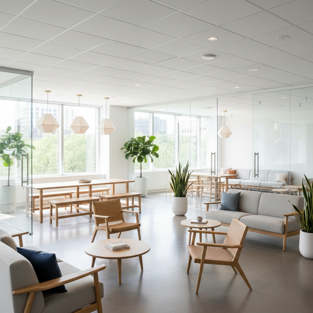 Bright open-plan office interior with white walls, wooden flooring, and ergonomic workstations arranged in a collaborative layout