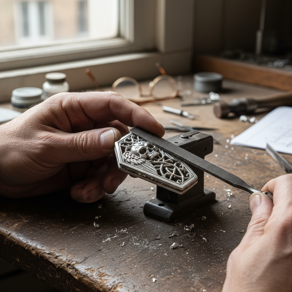 Hand-cast silver coffin clasp hardware being filed by silversmith in Edinburgh studio