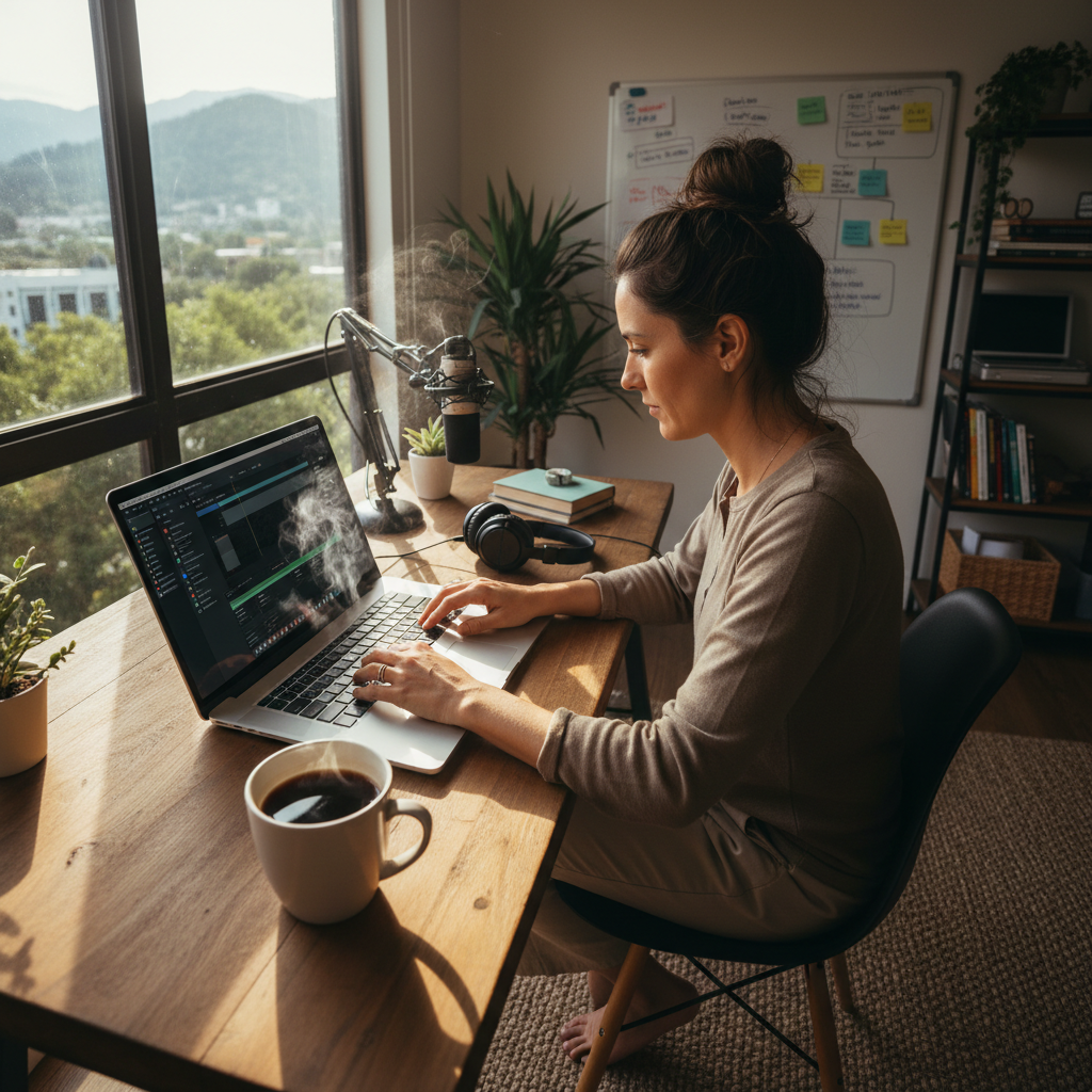 Person at desk with laptop representing How I Built This business podcast