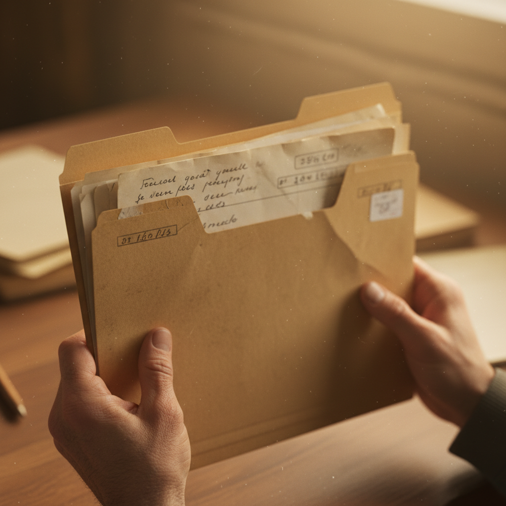 Hands gently holding a worn manila folder filled with papers on a wooden table, warm light from above