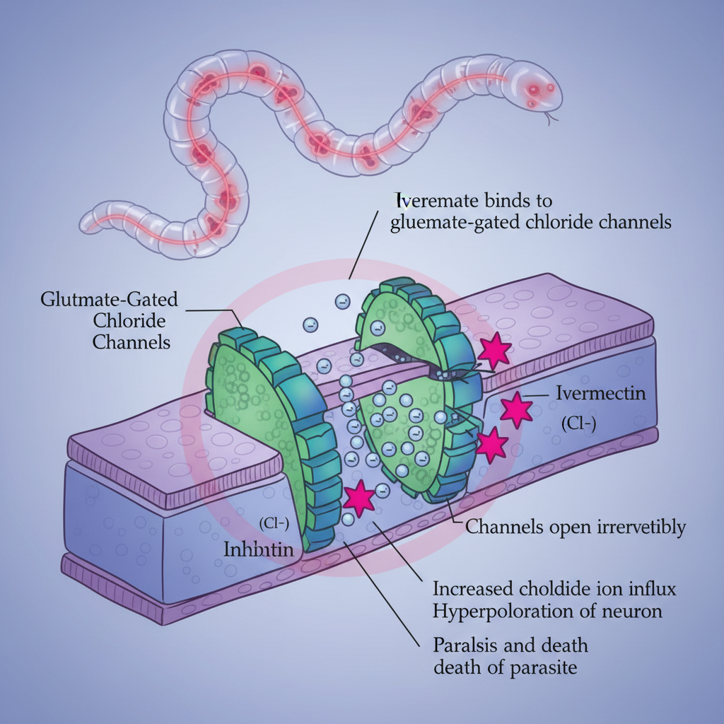 Scientific illustration of how ivermectin works as an antiparasitic compound