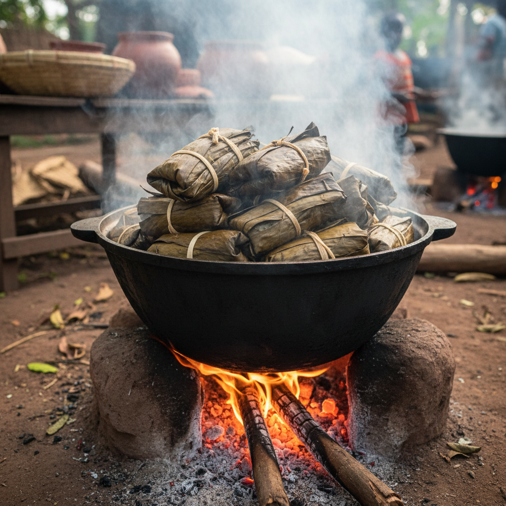 Steam rising from wrapped luwombo parcels stacked in a large pot over charcoal fire