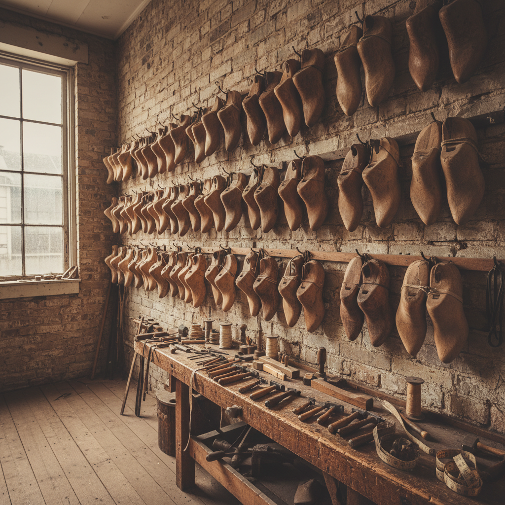 Rows of hand-carved wooden lasts hanging on a workshop wall, each one unique and worn smooth